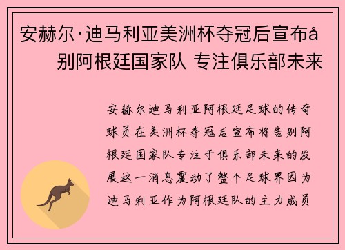 安赫尔·迪马利亚美洲杯夺冠后宣布告别阿根廷国家队 专注俱乐部未来