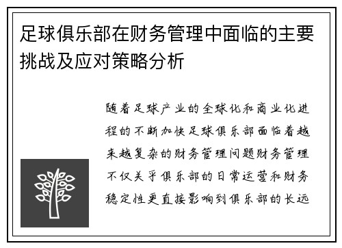足球俱乐部在财务管理中面临的主要挑战及应对策略分析 足球俱乐部在财务管理中面临的主要挑战及应对策略分析
