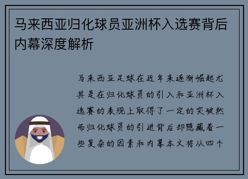 马来西亚归化球员亚洲杯入选赛背后内幕深度解析