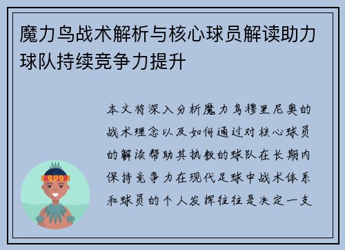 魔力鸟战术解析与核心球员解读助力球队持续竞争力提升