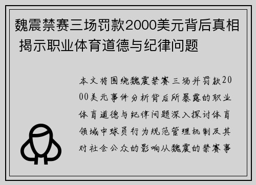 魏震禁赛三场罚款2000美元背后真相 揭示职业体育道德与纪律问题
